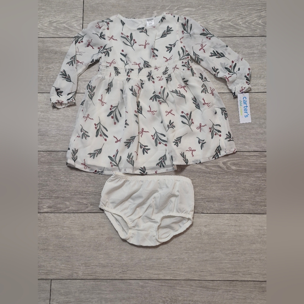Carter's Hollies & Red Bow Floral White Festive Dress With Diaper Cover Set. 24M
